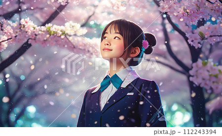 桜吹雪の中の女子高校生(入学・卒業イメージ) 112243394