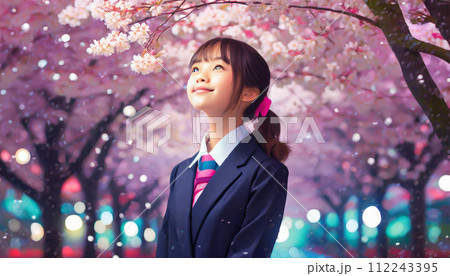 桜吹雪の中の女子高校生(入学・卒業イメージ) 112243395