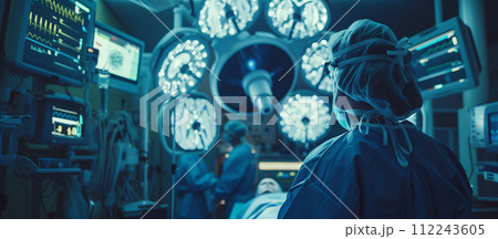 A doctor is standing in front of a surgical table with a patient on it A doctor is standing in front of a surgical table with a patient on it 112243605