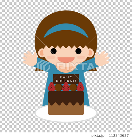 Illustration of a smiling girl in a headband looking at a birthday cake 112243627