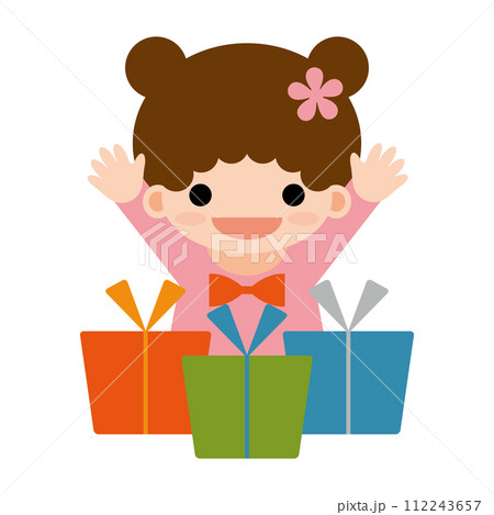 プレゼントをもらって喜ぶツインお団子ヘアの女の子のイラスト プレゼントをもらって喜ぶツインお団子ヘアの女の子のイラスト 112243657