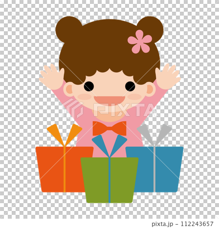プレゼントをもらって喜ぶツインお団子ヘアの女の子のイラスト プレゼントをもらって喜ぶツインお団子ヘアの女の子のイラスト 112243657