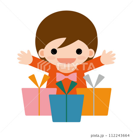 プレゼントをもらって喜ぶツ小さな女の子のイラスト 112243664