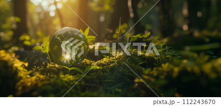 A captivating image of a crystal globe reflecting the Earth, nestled among lush forest moss, with the sun's rays piercing through the canopy, highlighting the delicate balance of our planet. 112243670