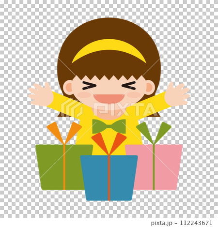Illustration of a girl wearing a headband who is surprised to receive a present 112243671