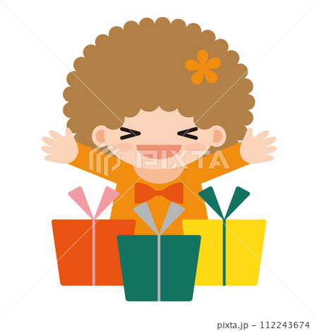 プレゼントをもらってびっくりしているアフロヘアの女の子のイラスト プレゼントをもらってびっくりしているアフロヘアの女の子のイラスト 112243674