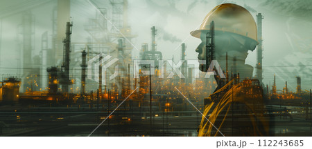 An evocative double exposure portrait of an engineer overlaid with the complex infrastructure of an oil refinery, capturing the essence of human ingenuity intertwined with industrial might. 112243685