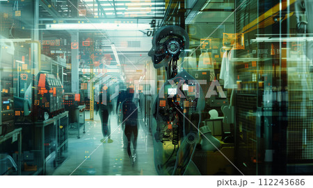 This image captures a humanoid android head in a futuristic facility, symbolizing the cutting-edge integration of artificial intelligence into modern technology and infrastructure. 112243686