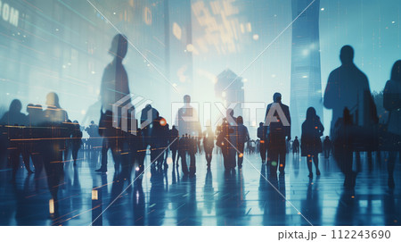 The dynamic flow of corporate life is elegantly captured as silhouetted figures traverse a luminous office lobby, with the city twilight skyline serving as a vivid backdrop. The dynamic flow of corporate life is elegantly captured as silhouetted figures traverse a luminous office lobby, with the city twilight skyline serving as a vivid backdrop. 112243690