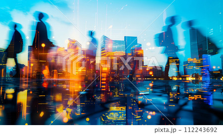 Dynamic silhouettes of city dwellers merge with the electric blues and vibrant yellows of a digitally enhanced cityscape, reflecting the pulse of urban life as night falls. 112243692