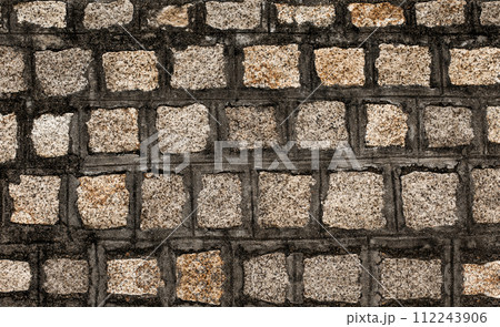 Stone wall textured background. Dark brown and beige bricks have textured and uneven shapes. Stone wall textured background. Dark brown and beige bricks have textured and uneven shapes. 112243906