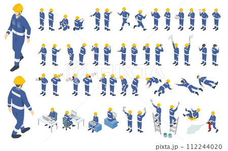 アイソメトリック人物イラスト:作業服とヘルメットの作業員 アイソメトリック人物イラスト:作業服とヘルメットの作業員 112244020