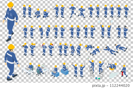 アイソメトリック人物イラスト:作業服とヘルメットの作業員 アイソメトリック人物イラスト:作業服とヘルメットの作業員 112244020