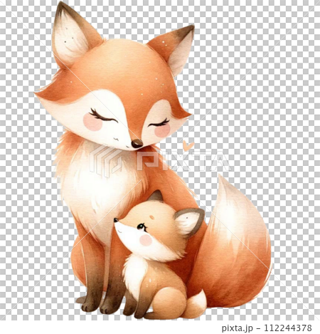 Mother and baby fox animal watercolor clipart. Ai Generate Mother and baby fox animal watercolor clipart. Ai Generate 112244378