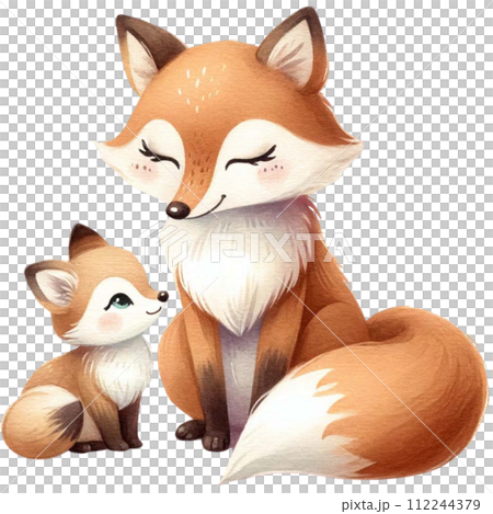 Mother and baby fox animal watercolor clipart. Ai Generate Mother and baby fox animal watercolor clipart. Ai Generate 112244379