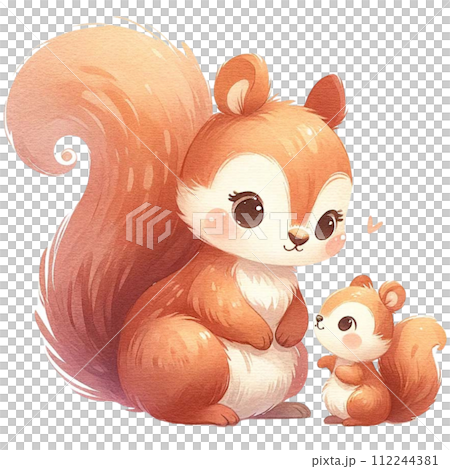 Mother and baby squirrel watercolor clipart. Ai Generate 112244381
