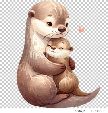 Mother and baby Otter animal watercolor clipart. Ai Generate 112244398