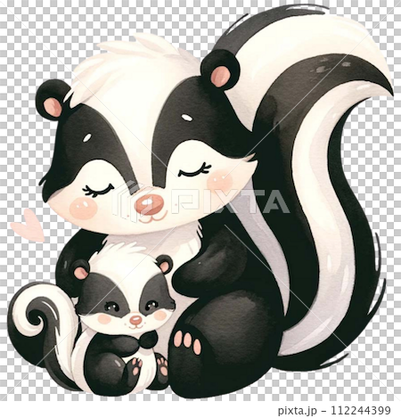 Mother and baby Skunk animal watercolor clipart. Ai Generate 112244399