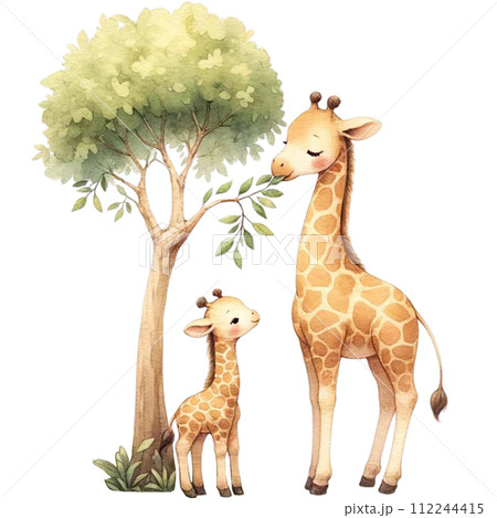 A mother giraffe teaching the calf to eat leaves from a tall tree watercolor clipart.Ai Generate A mother giraffe teaching the calf to eat leaves from a tall tree watercolor clipart.Ai Generate 112244415