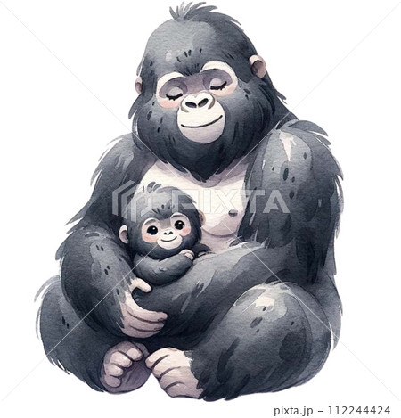 Gorilla mom and baby love watercolor clipart.Ai Generate 112244424