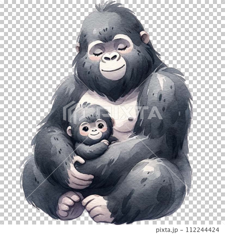 Gorilla mom and baby love watercolor clipart.Ai Generate 112244424