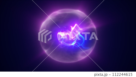 Energy purple blue magic sphere, futuristic round high-tech ball bright glowing atom made of electricity, background 112244615
