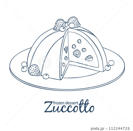 Zucotto dessert with berries icon, cartoon vector linear black and white illustration 112244728