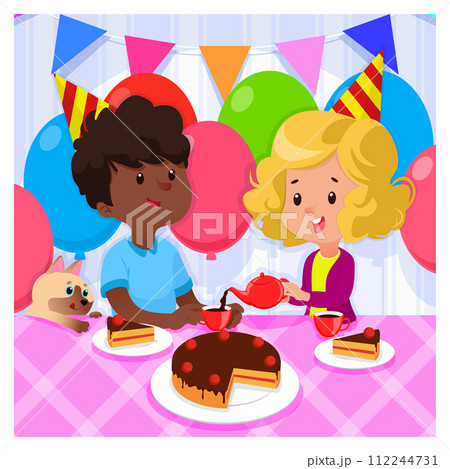 Birthday party with happy kids and cake on bright background Birthday party with happy kids and cake on bright background 112244731