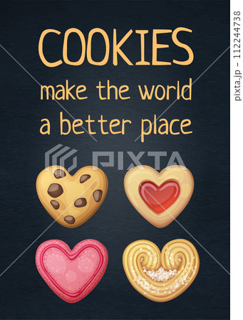Food quote Cookies make the world a better place. Cartoon vector illustration with inspiring phrase text 112244738