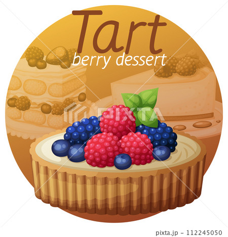 Tart dessert with berries icon on bright gradient background. Cartoon vector illustration 112245050