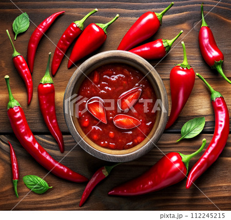 hot chili peppers on a wooden background 112245215
