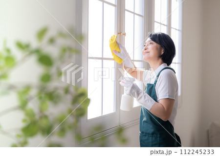 家事代行サービス　窓の掃除をする女性 112245233