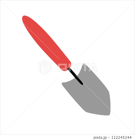 Small garden shovel icon, trowel doodle, vector illustration of gardening equipment, agriculture instruments, farming work tools, isolated colored clipart on white background 112245244