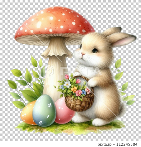 cute rabbit sitting on the back of a mushroom 112245384