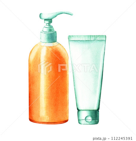 A set of dish and hand soap dispenser and plastic tube for cream, lotion, mask. Hand drawn watercolor illustration isolated on white background. For clip art label package A set of dish and hand soap dispenser and plastic tube for cream, lotion, mask. Hand drawn watercolor illustration isolated on white background. For clip art label package 112245391