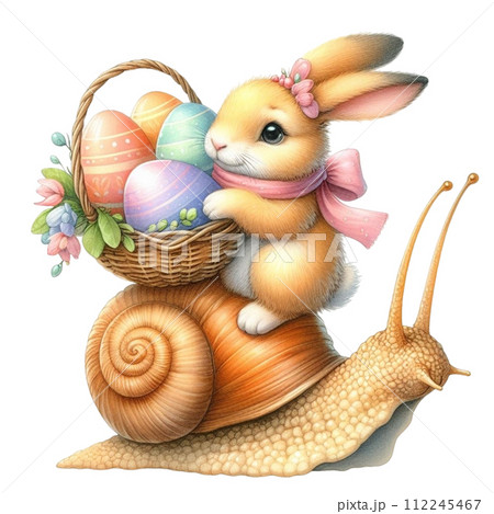 A rabbit sits on the back of a snail with a basket 112245467