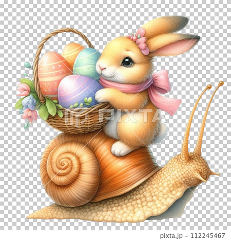 A rabbit sits on the back of a snail with a basket 112245467
