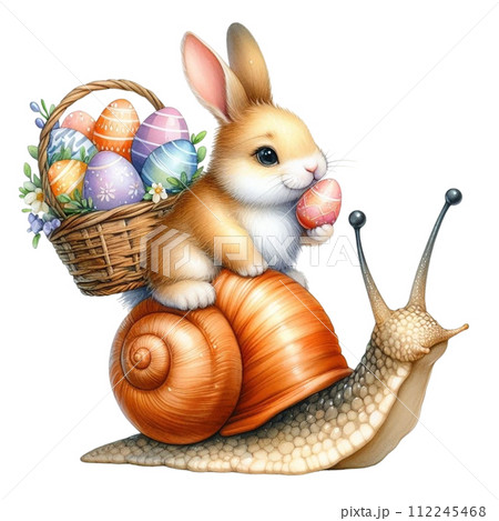 A rabbit sits on the back of a snail with a basket 112245468