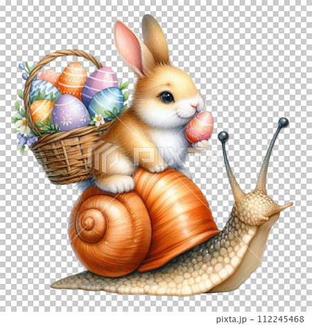 A rabbit sits on the back of a snail with a basket 112245468