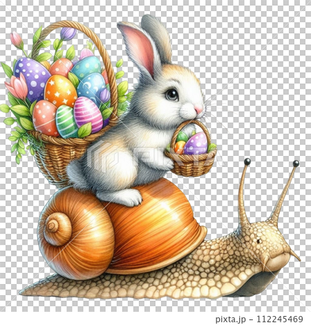 A rabbit sits on the back of a snail with a basket 112245469