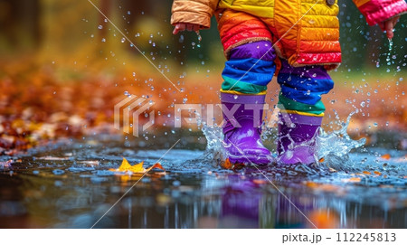 Person Wearing Colorful Rain Boots Jumping Into Puddle 112245813