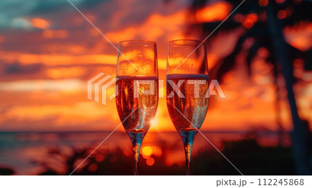 Person Holding Wine Glass With Sunset Background 112245868