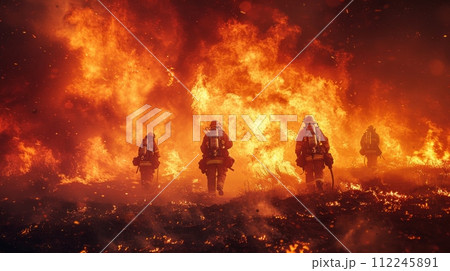 Group of Firefighters Standing in Front of a Fire 112245891