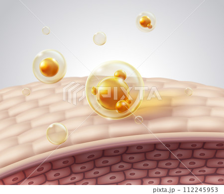 Cosmetic serum oil floats on skin cells. Moisturizes the skin with collagen molecules. realistic vector illustration. 112245953