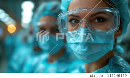doctors in bio-protective pandemic suits 112246129