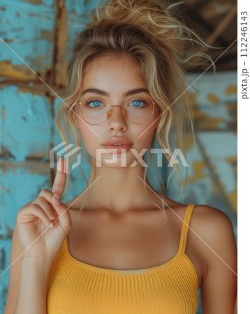 cute blonde woman in yellow 112246143
