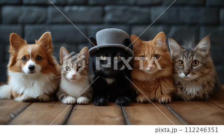 dogs and cats in clothes posing 112246351