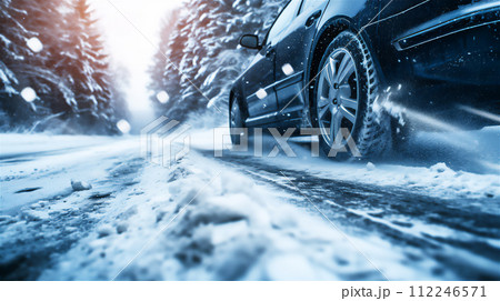 雪道と車のタイヤ 112246571