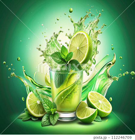 lemon cocktail with splash and lime 112246709