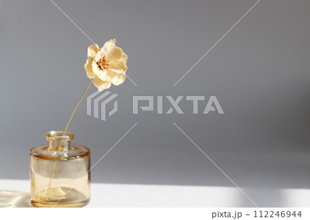 茶色の小さな花瓶に挿している色の一輪のドライフラワー 茶色の小さな花瓶に挿している色の一輪のドライフラワー 112246944